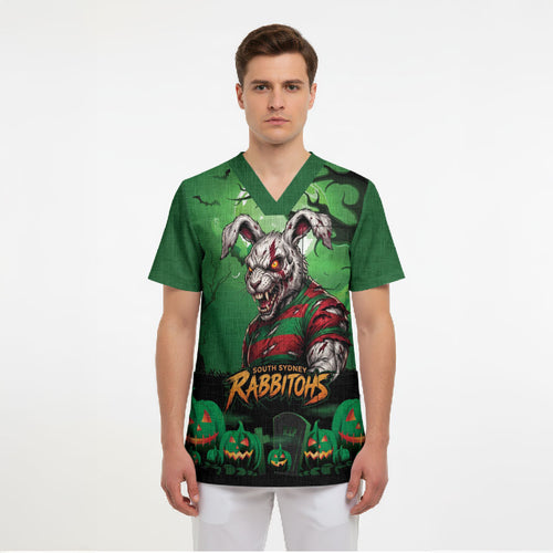 Custom Halloween South Sydney Rabbitohs Scrub Top Spooky Australia Mascot Rugby