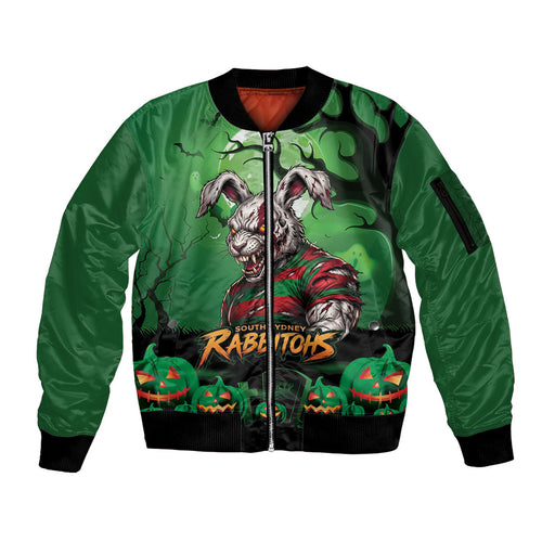 Custom Halloween South Sydney Rabbitohs Sleeve Zip Bomber Jacket Spooky Australia Mascot Rugby