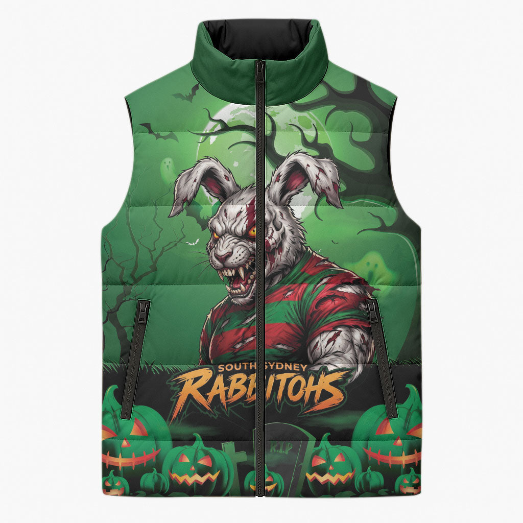 Custom Halloween South Sydney Rabbitohs Sleeveless Puffer Jacket Spooky Australia Mascot Rugby