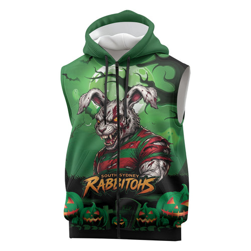 Custom Halloween South Sydney Rabbitohs Sleeveless Zip Hoodie Spooky Australia Mascot Rugby