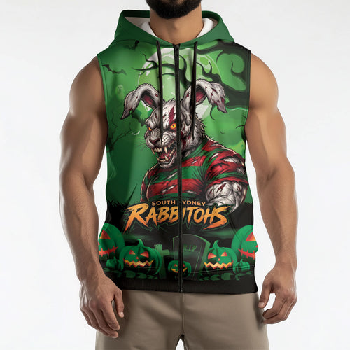 Custom Halloween South Sydney Rabbitohs Sleeveless Zip Hoodie Spooky Australia Mascot Rugby