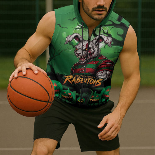 Custom Halloween South Sydney Rabbitohs Sleeveless Zip Hoodie Spooky Australia Mascot Rugby