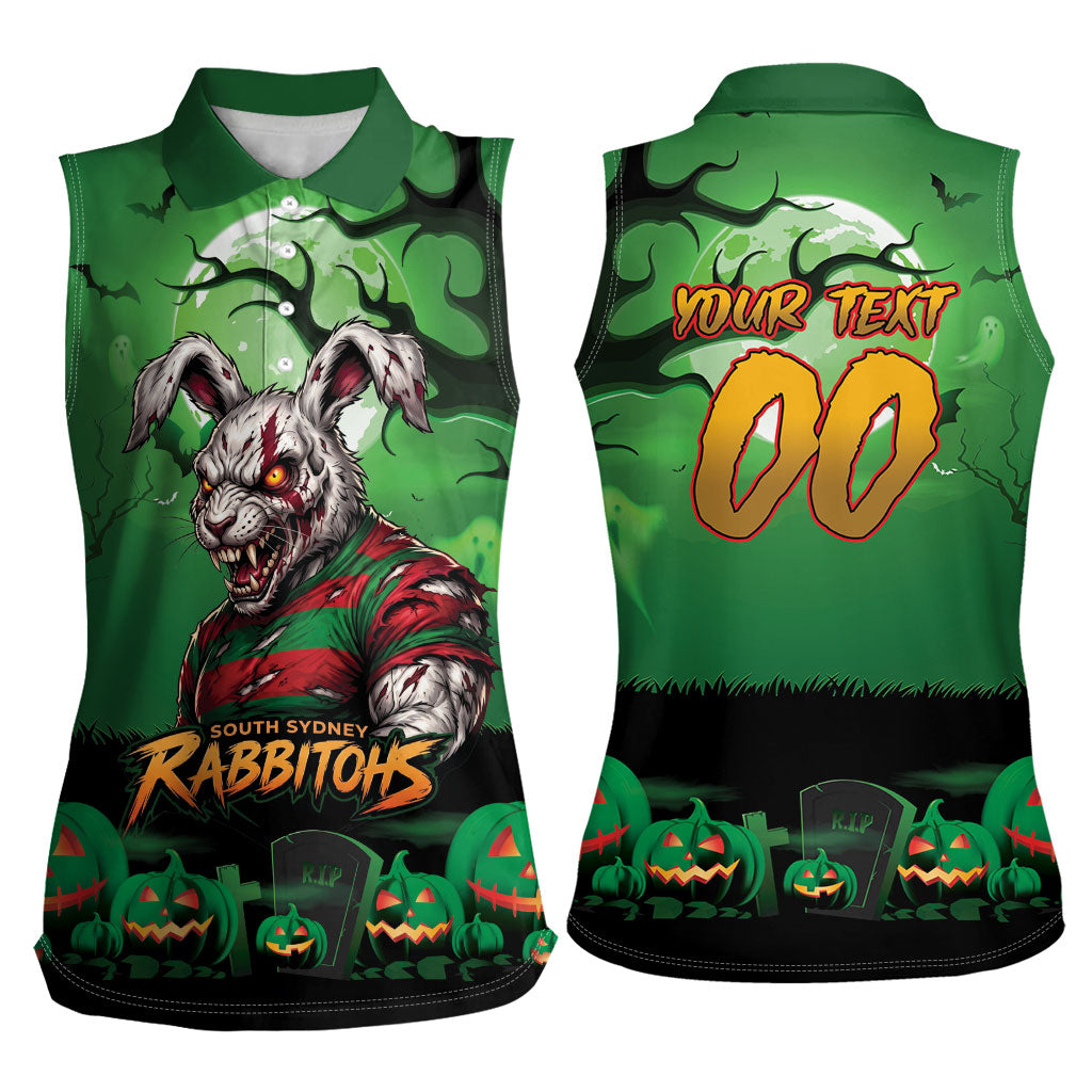 Custom Halloween South Sydney Rabbitohs Women Sleeveless Polo Shirt Spooky Australia Mascot Rugby