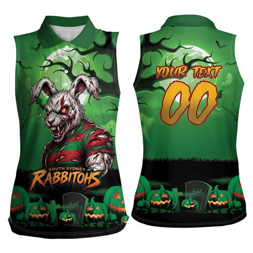 Custom Halloween South Sydney Rabbitohs Women Sleeveless Polo Shirt Spooky Australia Mascot Rugby