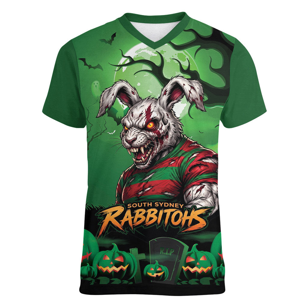 Custom Halloween South Sydney Rabbitohs Women V-Neck T-Shirt Spooky Australia Mascot Rugby