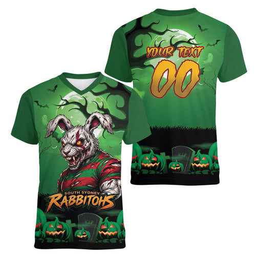 Custom Halloween South Sydney Rabbitohs Women V-Neck T-Shirt Spooky Australia Mascot Rugby