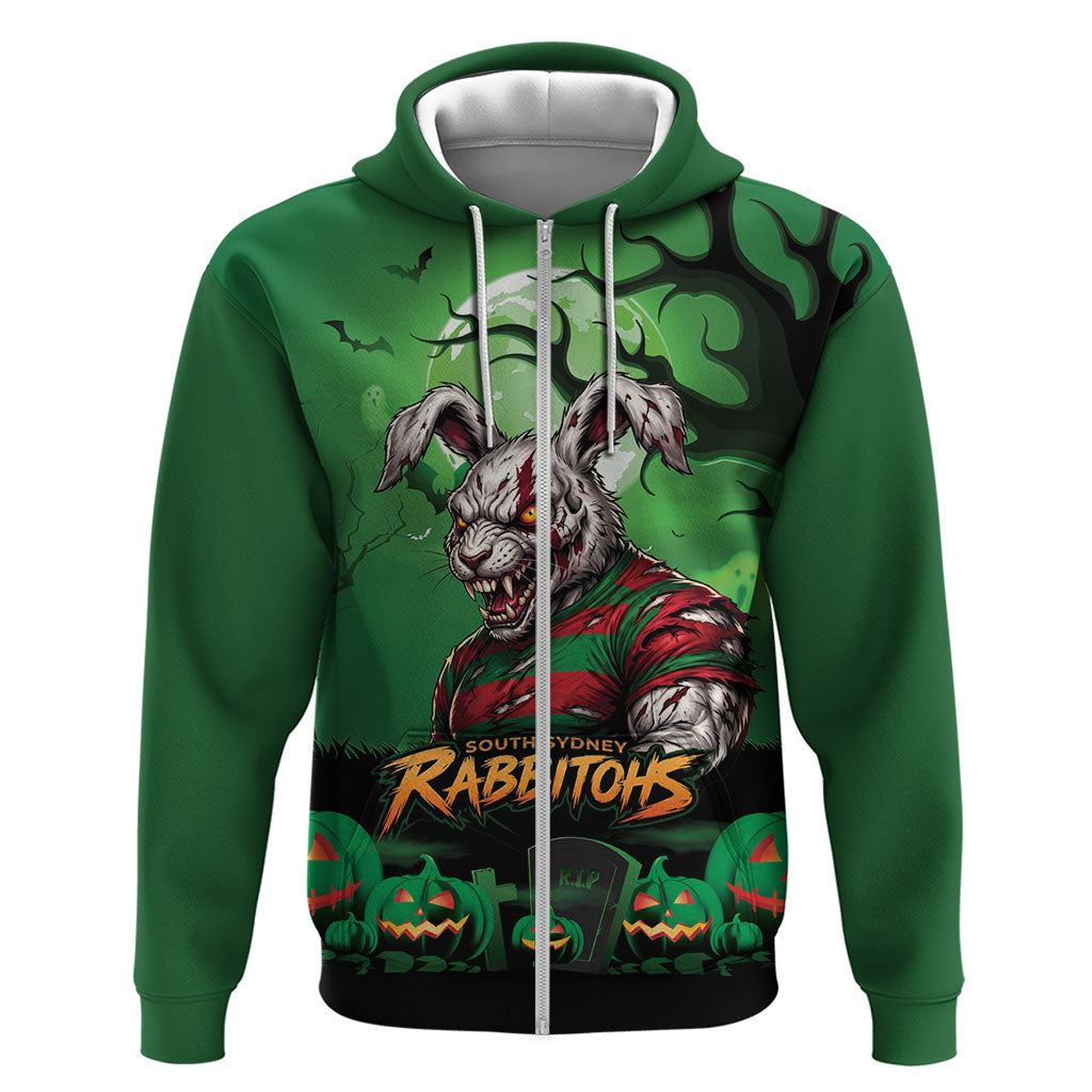 Custom Halloween South Sydney Rabbitohs Zip Hoodie Spooky Australia Mascot Rugby