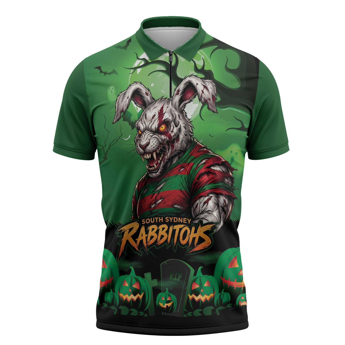 Custom Halloween South Sydney Rabbitohs Zipper Polo Shirt Spooky Australia Mascot Rugby
