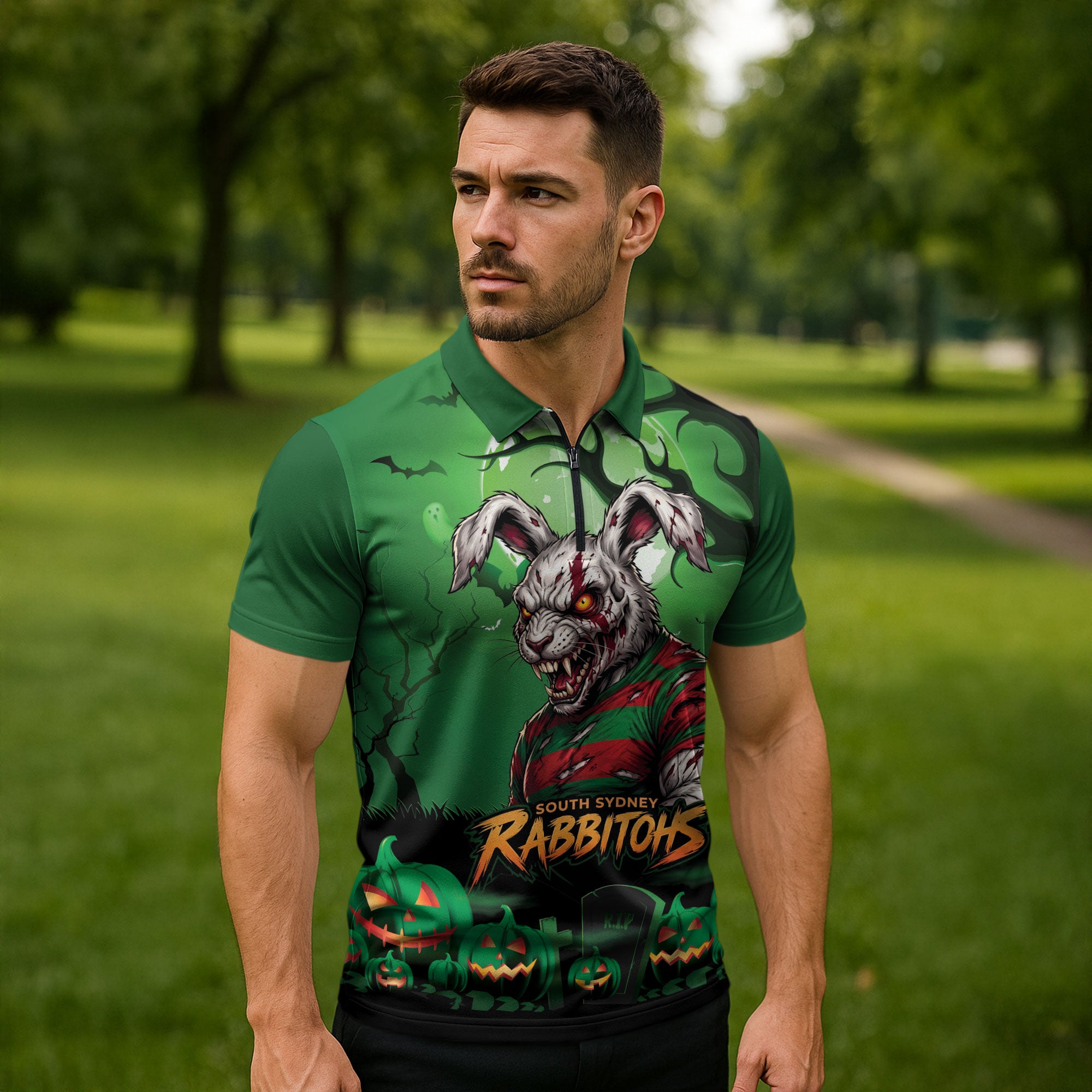 Custom Halloween South Sydney Rabbitohs Zipper Polo Shirt Spooky Australia Mascot Rugby