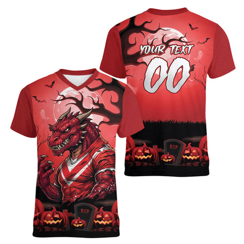 Custom Halloween St George Illawarra Dragons Women V-Neck T-Shirt Spooky Australia Mascot Rugby