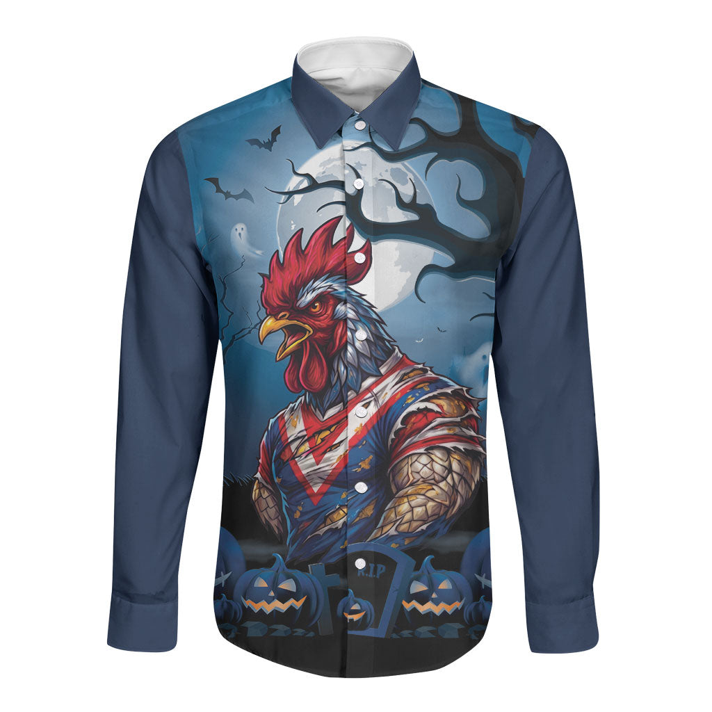 Custom Halloween Sydney Roosters Long Sleeve Button Shirt Spooky Australia Mascot Rugby