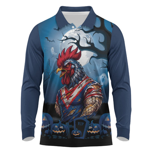 Custom Halloween Sydney Roosters Long Sleeve Polo Shirt Spooky Australia Mascot Rugby