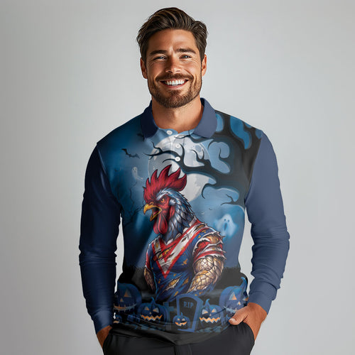 Custom Halloween Sydney Roosters Long Sleeve Polo Shirt Spooky Australia Mascot Rugby