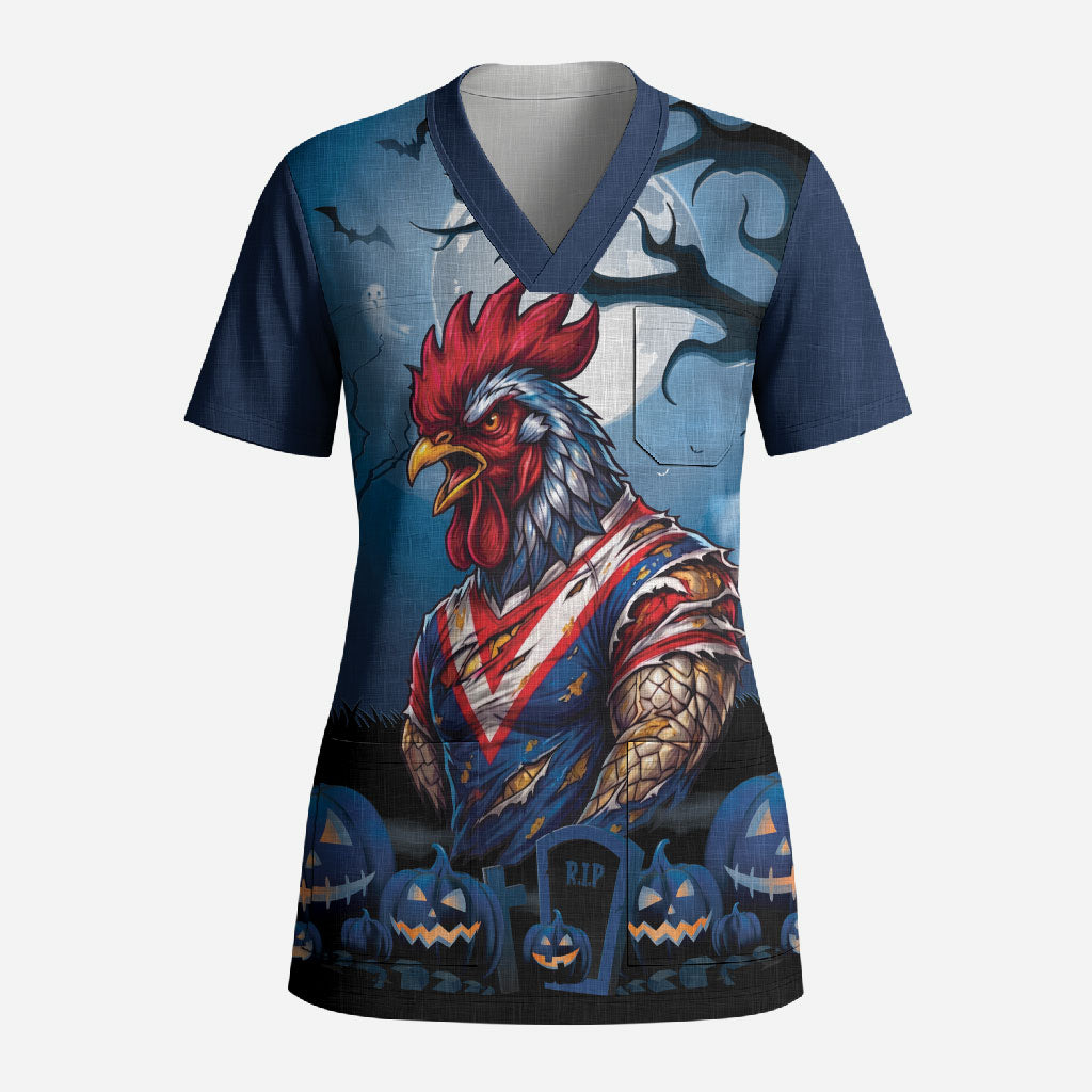 Custom Halloween Sydney Roosters Scrub Top Spooky Australia Mascot Rugby