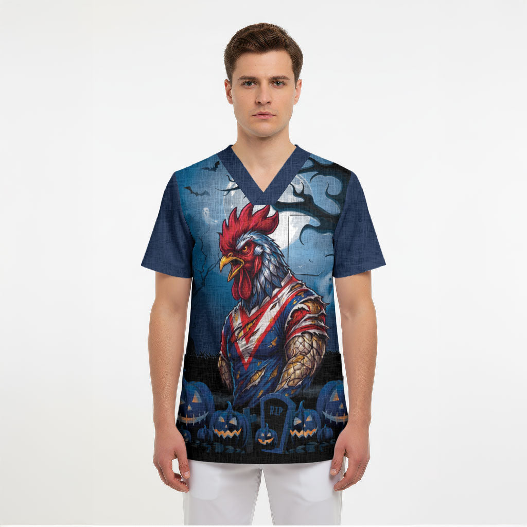 Custom Halloween Sydney Roosters Scrub Top Spooky Australia Mascot Rugby