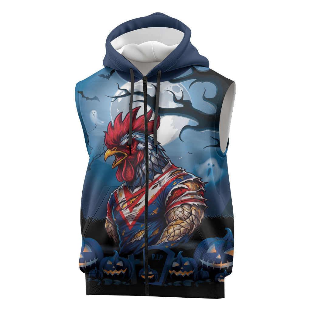 Custom Halloween Sydney Roosters Sleeveless Zip Hoodie Spooky Australia Mascot Rugby