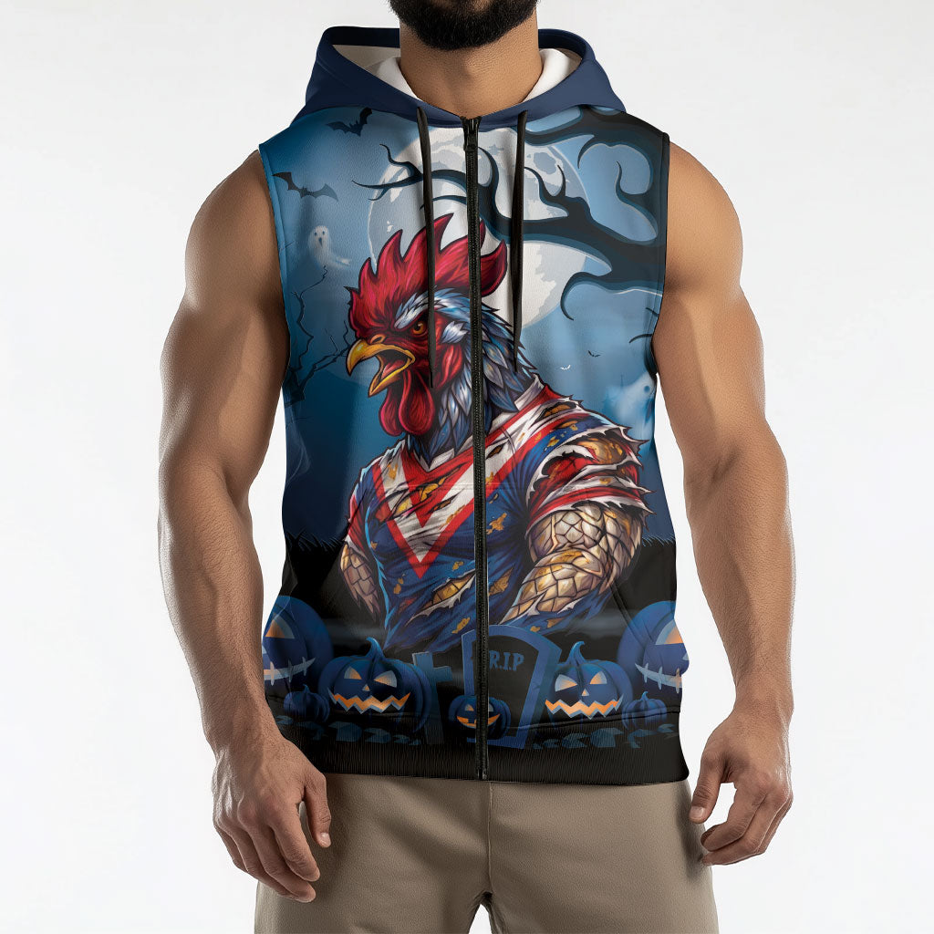 Custom Halloween Sydney Roosters Sleeveless Zip Hoodie Spooky Australia Mascot Rugby