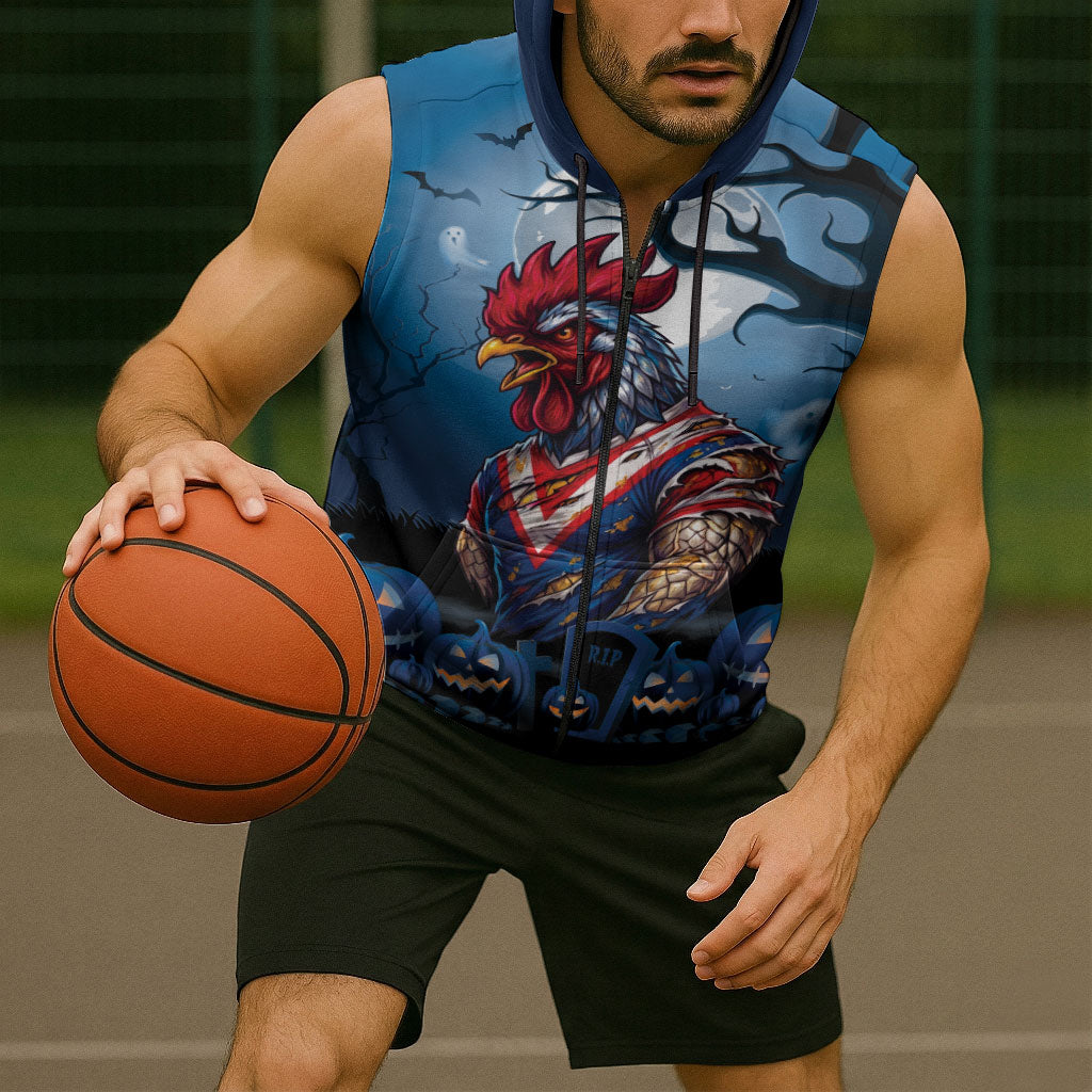 Custom Halloween Sydney Roosters Sleeveless Zip Hoodie Spooky Australia Mascot Rugby