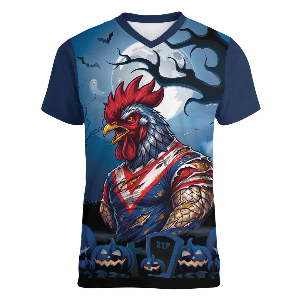 Custom Halloween Sydney Roosters Women V-Neck T-Shirt Spooky Australia Mascot Rugby