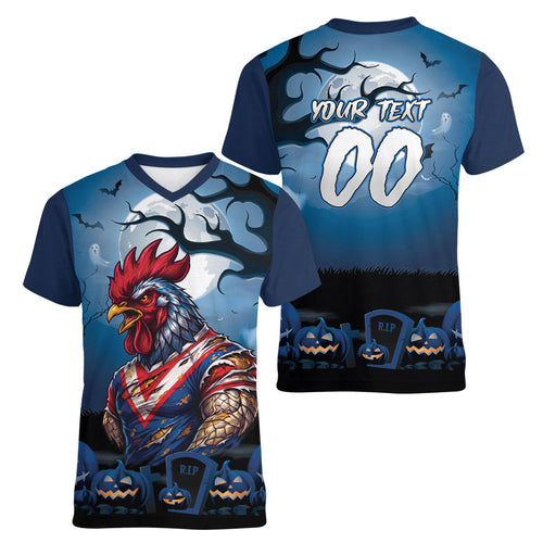 Custom Halloween Sydney Roosters Women V-Neck T-Shirt Spooky Australia Mascot Rugby