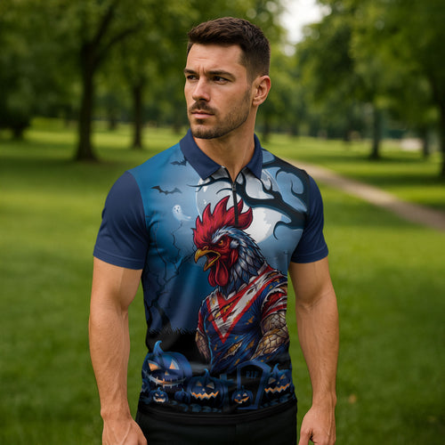 Custom Halloween Sydney Roosters Zipper Polo Shirt Spooky Australia Mascot Rugby