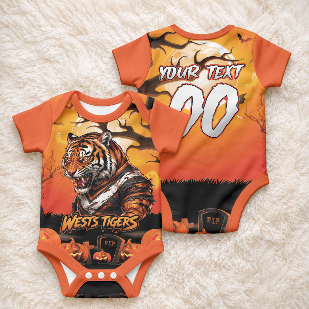 Custom Halloween Wests Tigers Baby Onesie Spooky Australia Mascot Rugby