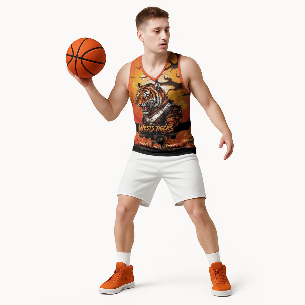 Custom Halloween Wests Tigers Basketball Jersey Spooky Australia Mascot Rugby