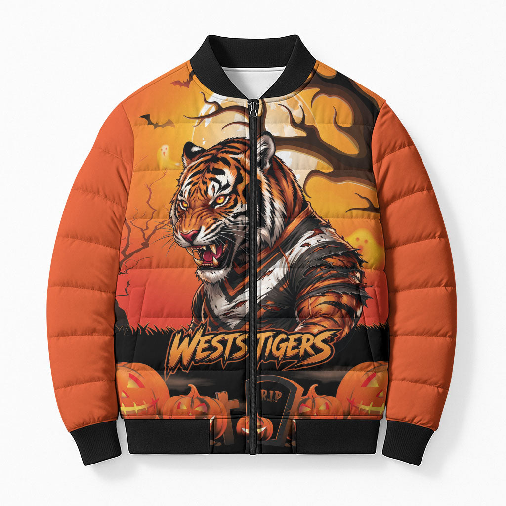 Custom Halloween Wests Tigers Bomber Puffer Jacket Spooky Australia Mascot Rugby