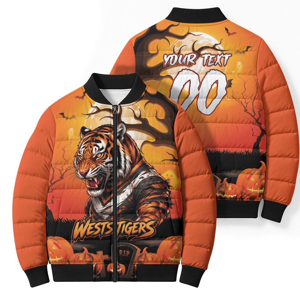 Custom Halloween Wests Tigers Bomber Puffer Jacket Spooky Australia Mascot Rugby