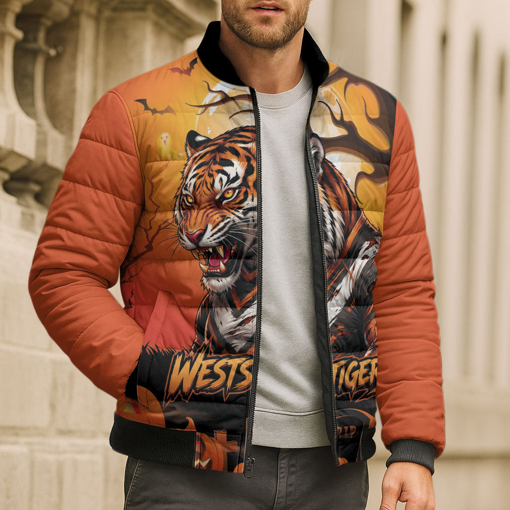 Custom Halloween Wests Tigers Bomber Puffer Jacket Spooky Australia Mascot Rugby
