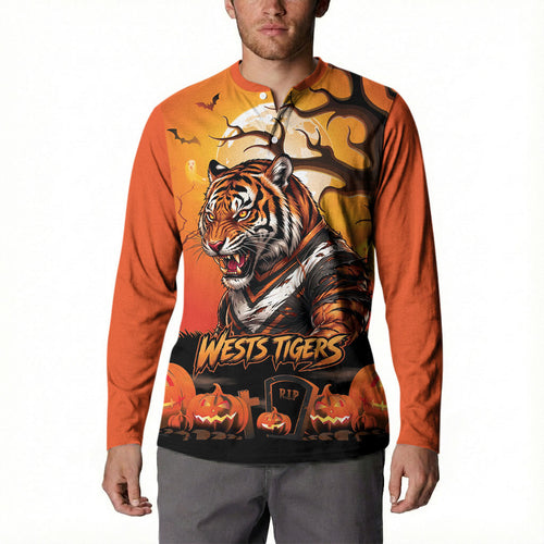 Custom Halloween Wests Tigers Button Sweatshirt Spooky Australia Mascot Rugby