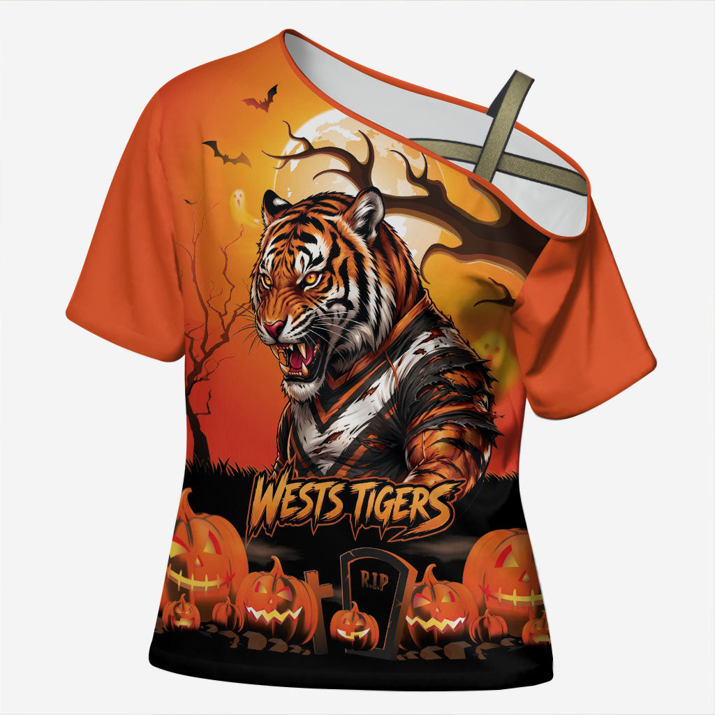 Custom Halloween Wests Tigers Cross Shoulder Shirt Spooky Australia Mascot Rugby