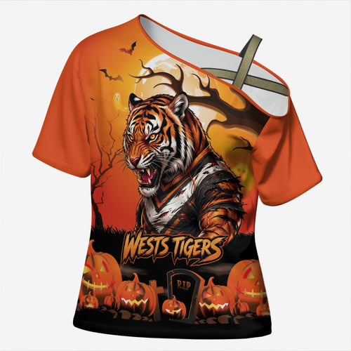 Custom Halloween Wests Tigers Cross Shoulder Shirt Spooky Australia Mascot Rugby