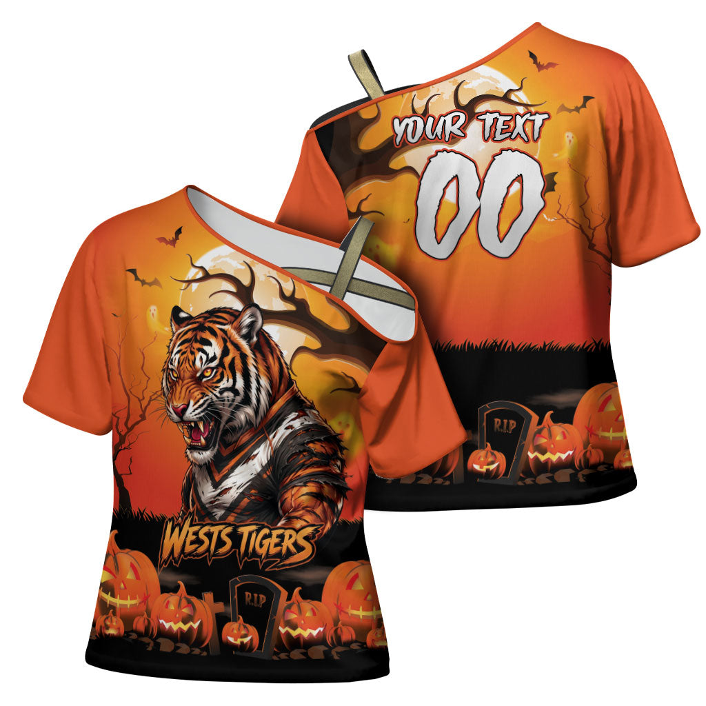 Custom Halloween Wests Tigers Cross Shoulder Shirt Spooky Australia Mascot Rugby