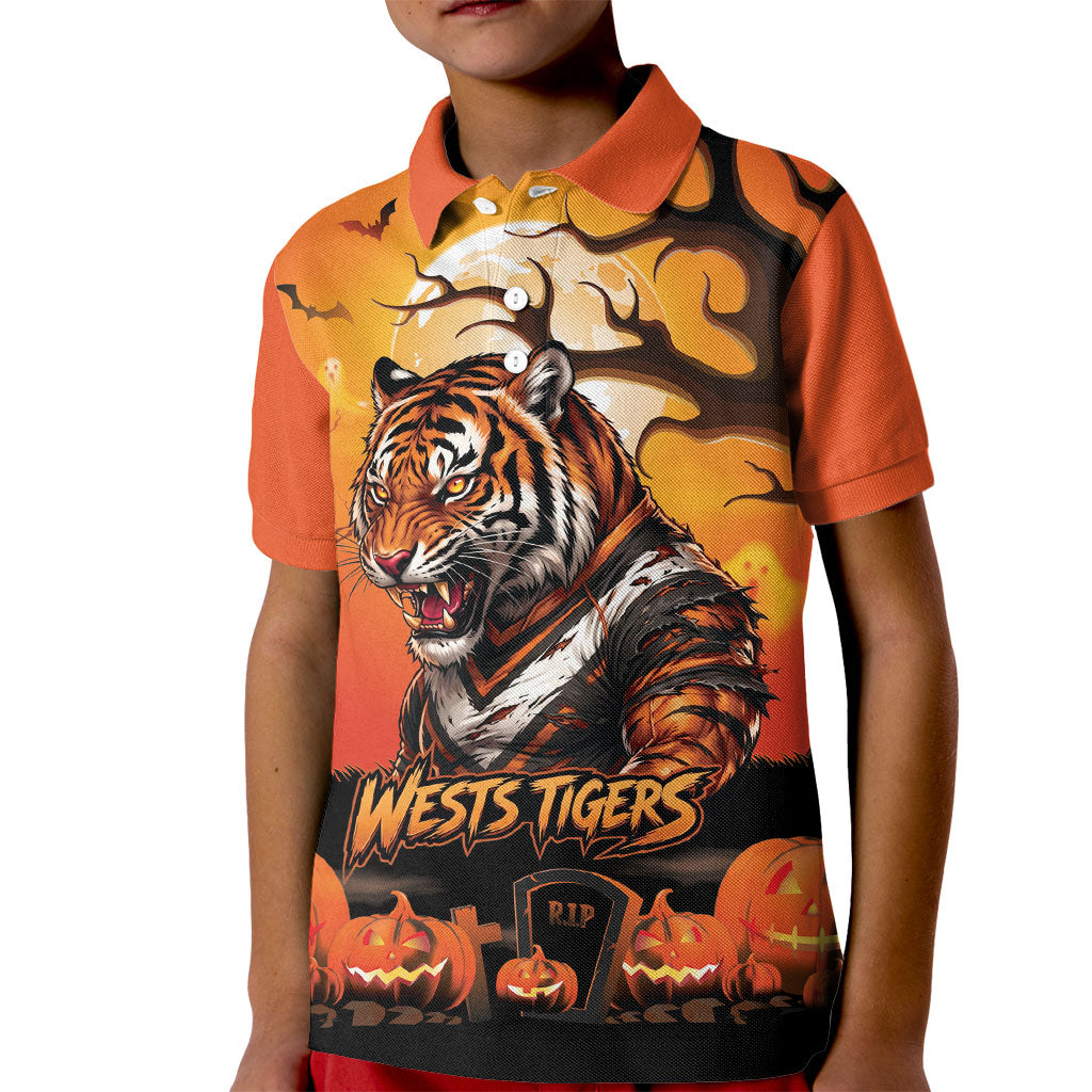 Custom Halloween Wests Tigers Kid Polo Shirt Spooky Australia Mascot Rugby