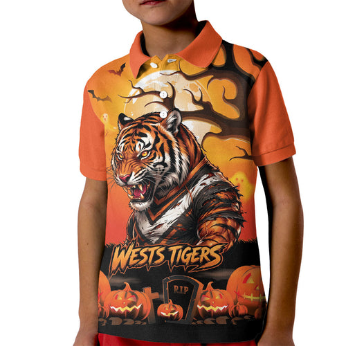 Custom Halloween Wests Tigers Kid Polo Shirt Spooky Australia Mascot Rugby