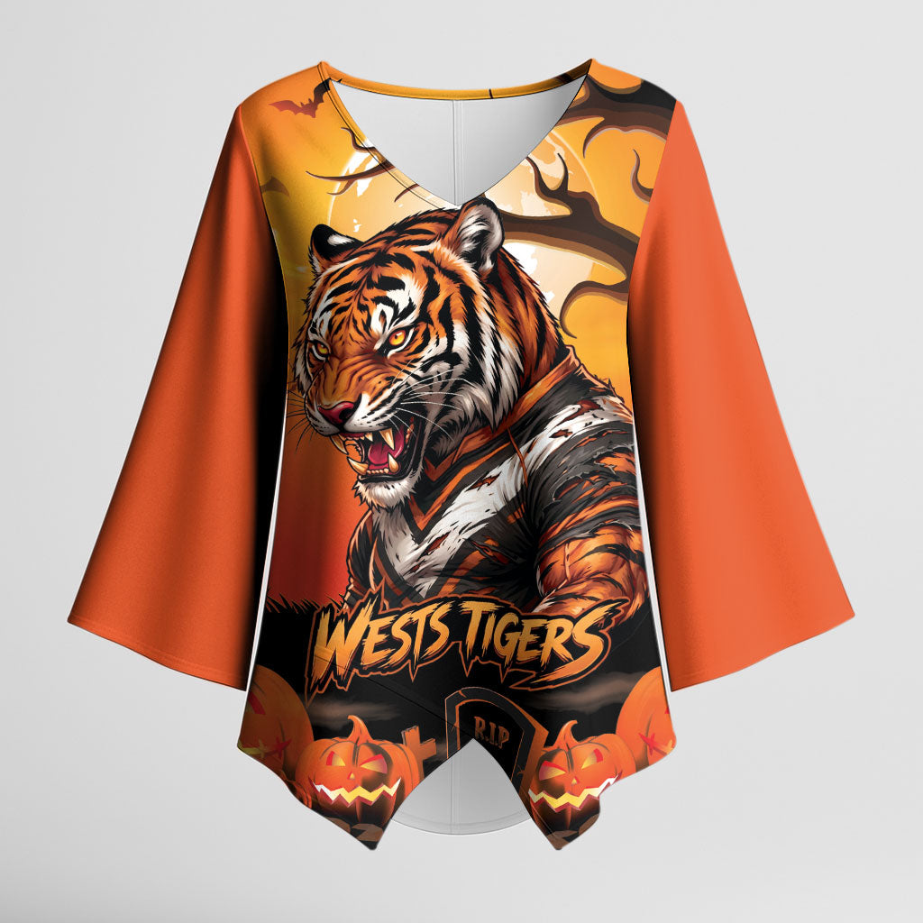 Custom Halloween Wests Tigers Kimono Sleeve Blouse Spooky Australia Mascot Rugby