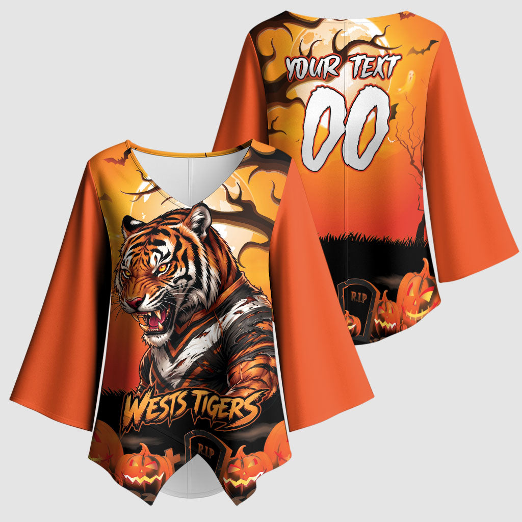 Custom Halloween Wests Tigers Kimono Sleeve Blouse Spooky Australia Mascot Rugby
