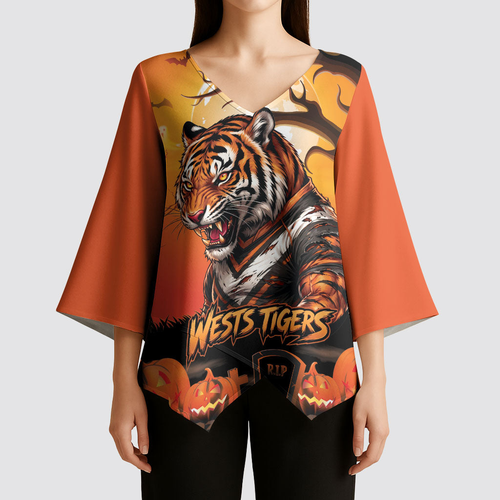 Custom Halloween Wests Tigers Kimono Sleeve Blouse Spooky Australia Mascot Rugby