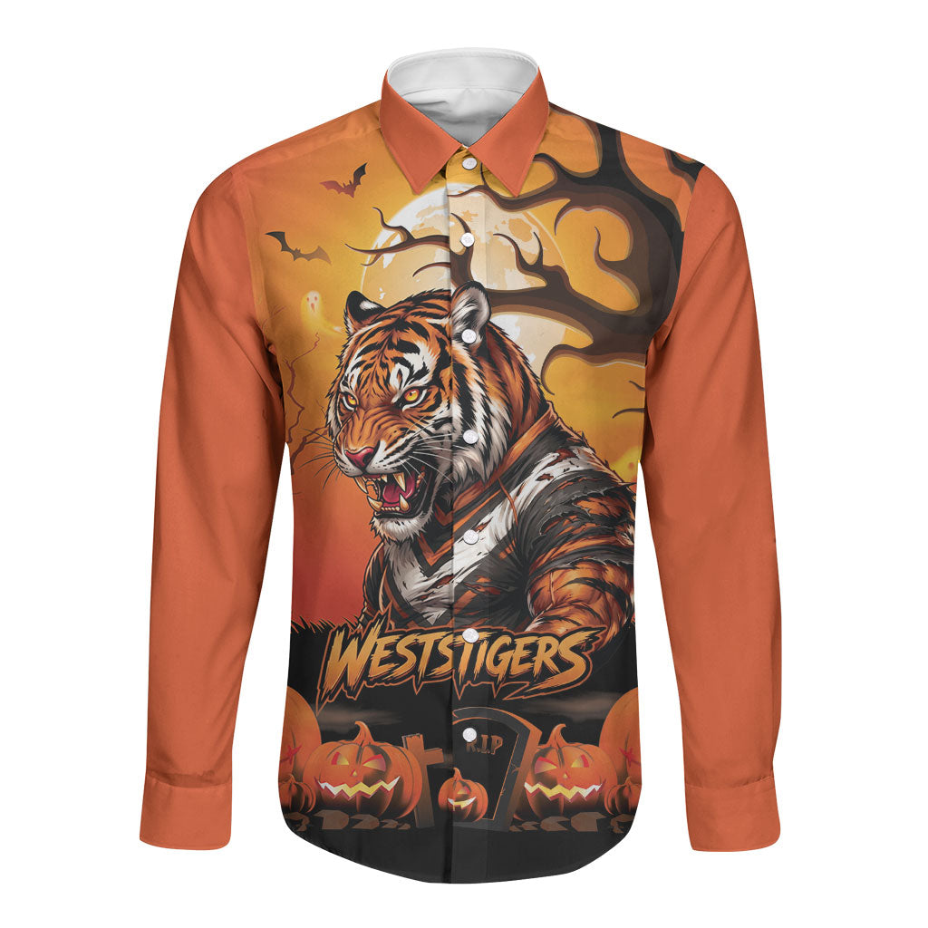 Custom Halloween Wests Tigers Long Sleeve Button Shirt Spooky Australia Mascot Rugby