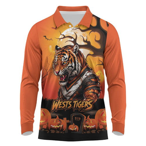 Custom Halloween Wests Tigers Long Sleeve Polo Shirt Spooky Australia Mascot Rugby