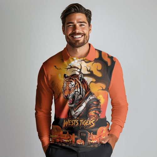 Custom Halloween Wests Tigers Long Sleeve Polo Shirt Spooky Australia Mascot Rugby