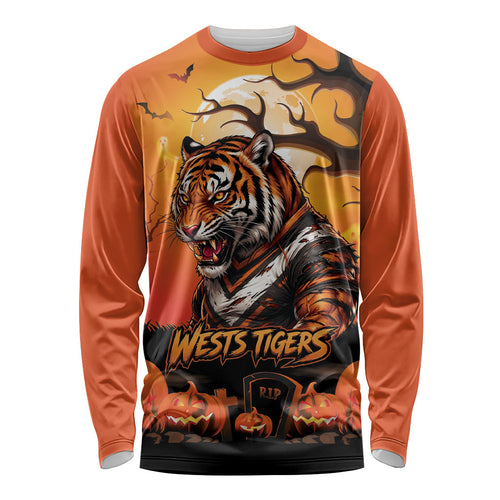 Custom Halloween Wests Tigers Long Sleeve Shirt Spooky Australia Mascot Rugby