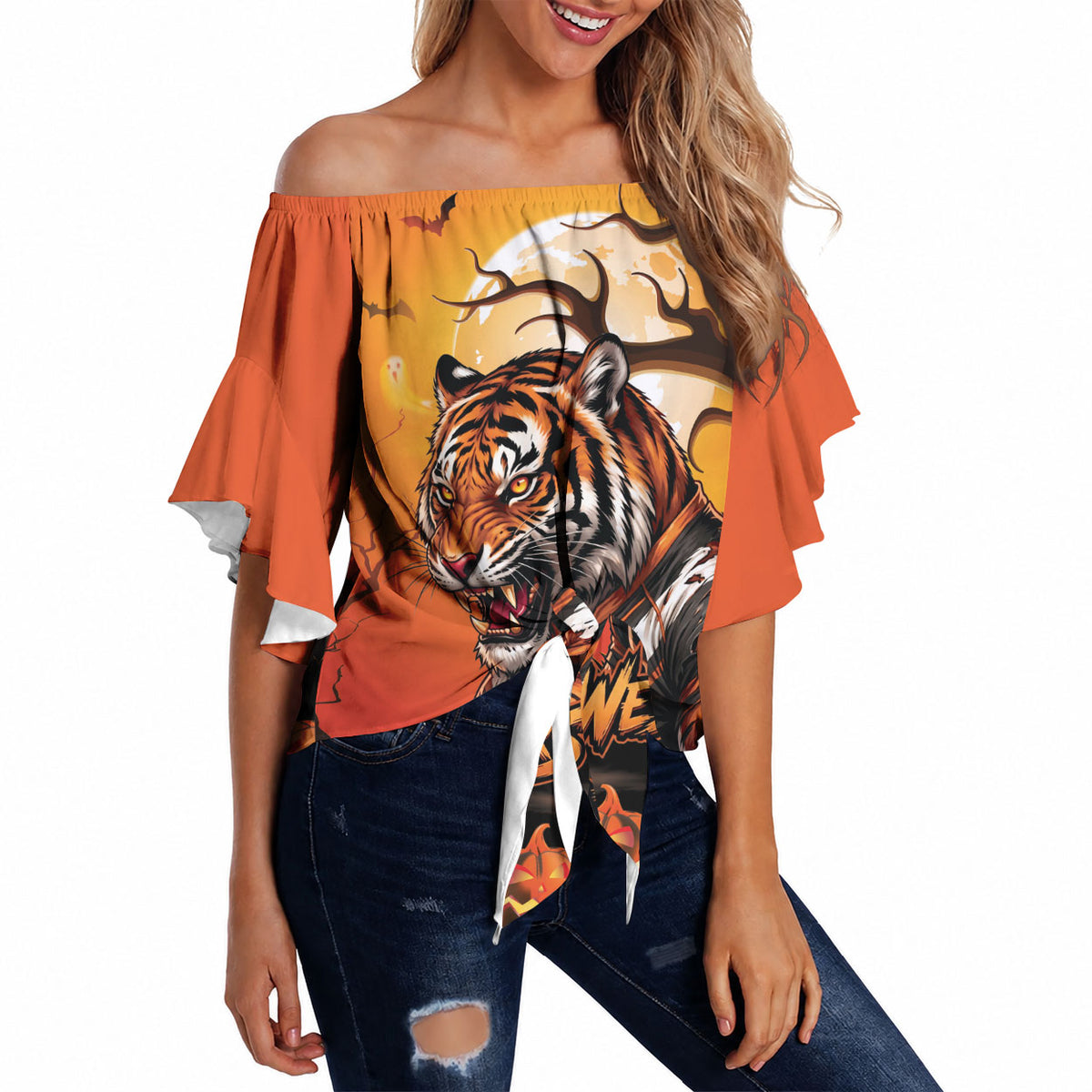 Custom Halloween Wests Tigers Off Shoulder Wrap Waist Top Spooky Australia Mascot Rugby
