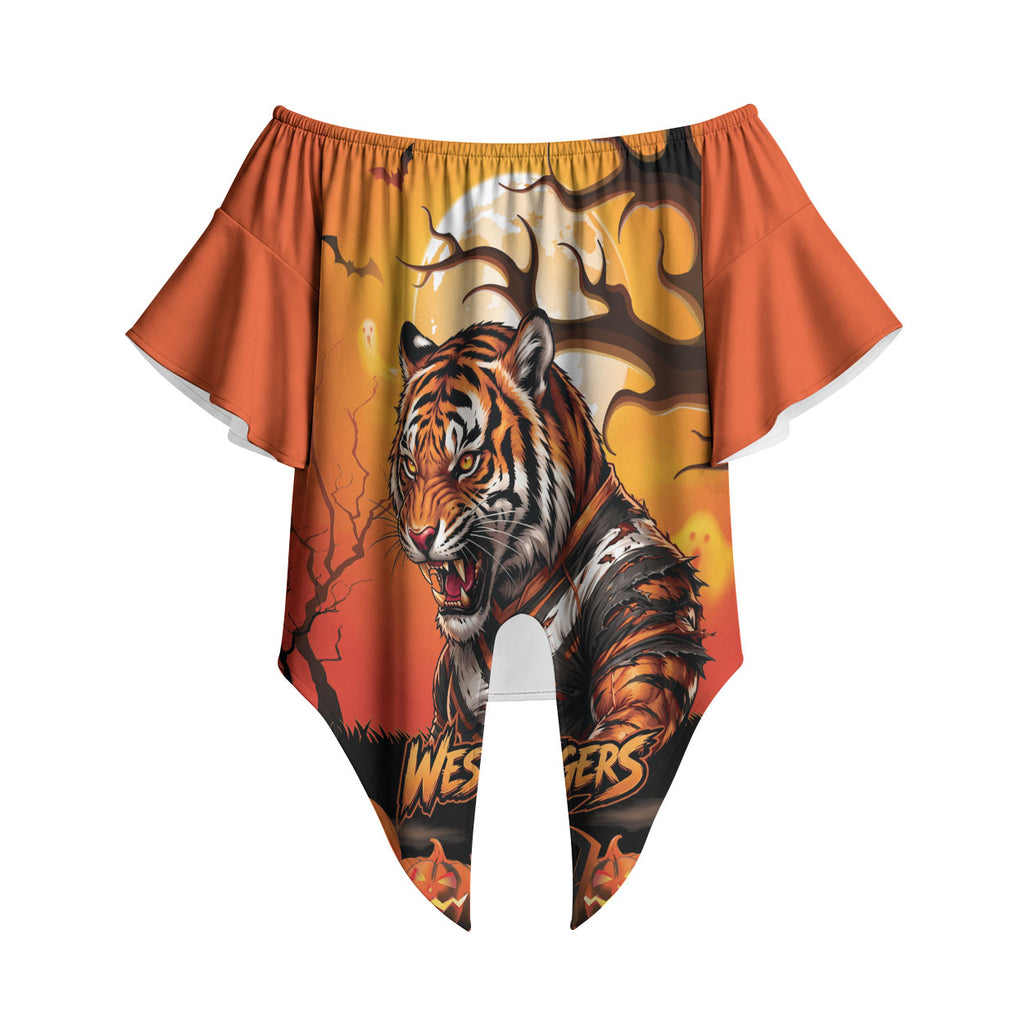 Custom Halloween Wests Tigers Off Shoulder Wrap Waist Top Spooky Australia Mascot Rugby
