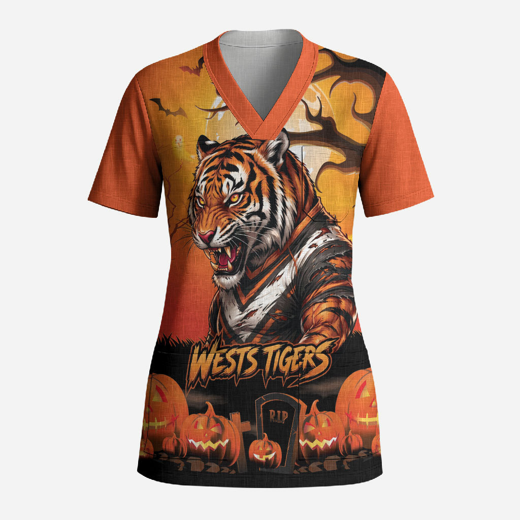 Custom Halloween Wests Tigers Scrub Top Spooky Australia Mascot Rugby