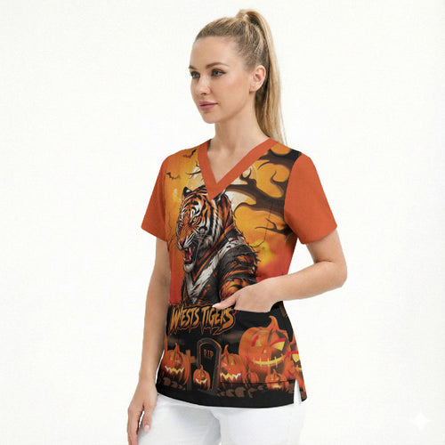 Custom Halloween Wests Tigers Scrub Top Spooky Australia Mascot Rugby