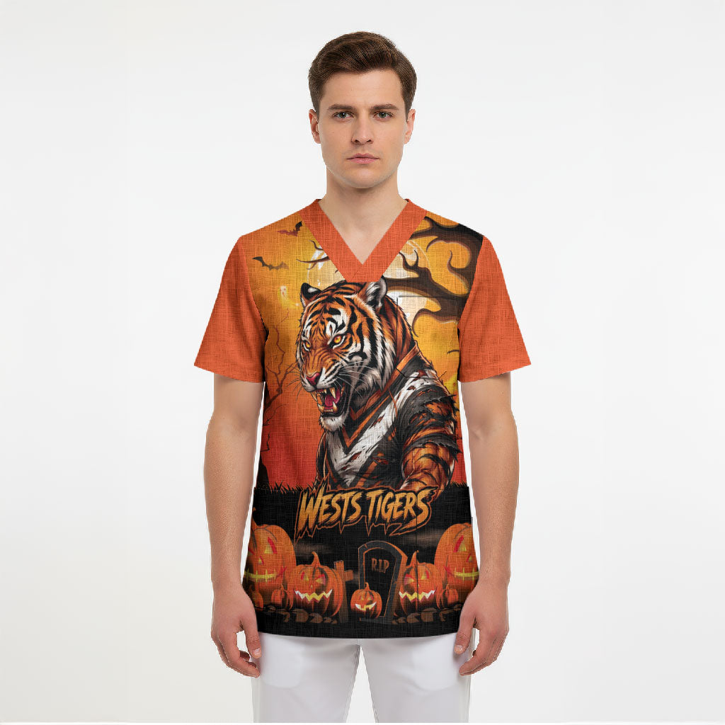 Custom Halloween Wests Tigers Scrub Top Spooky Australia Mascot Rugby