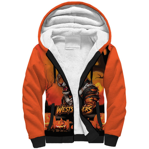Custom Halloween Wests Tigers Sherpa Hoodie Spooky Australia Mascot Rugby
