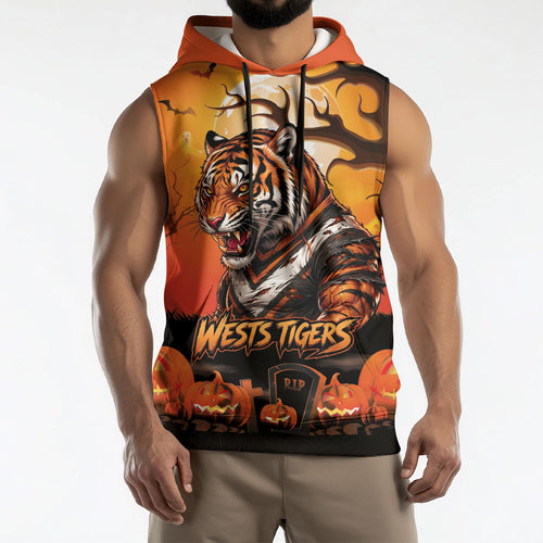 Custom Halloween Wests Tigers Sleeveless Hoodie Spooky Australia Mascot Rugby